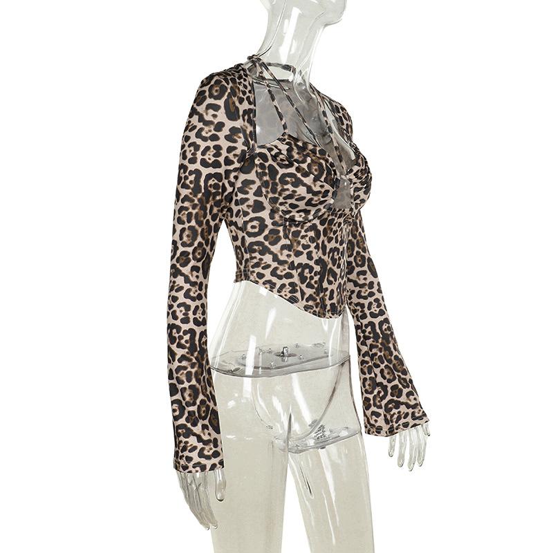 Leopard print halter long sleeve hollow out top