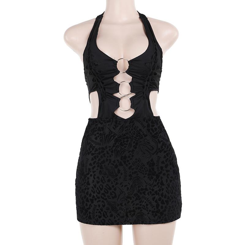 Halter leopard print o ring knotted mini dress