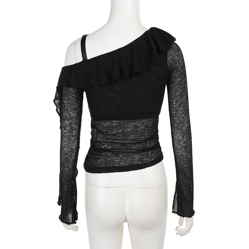 Off shoulder long sleeve ruffle cross pattern buckle top