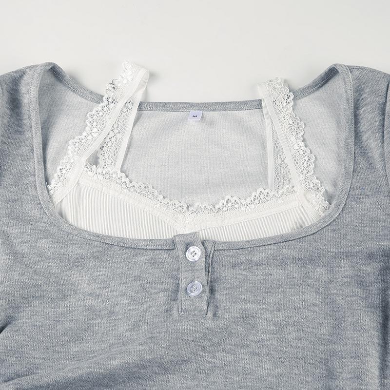 U neck long sleeve lace hem drawstring 2 piece top