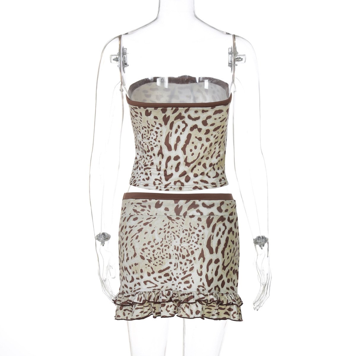Leopard print bowknot ruffle tube mini skirt set