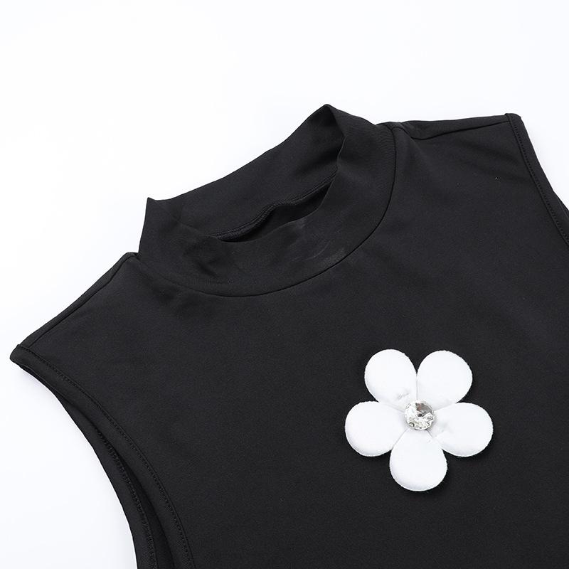 Sleeveless crewneck flower applique backless midi dress