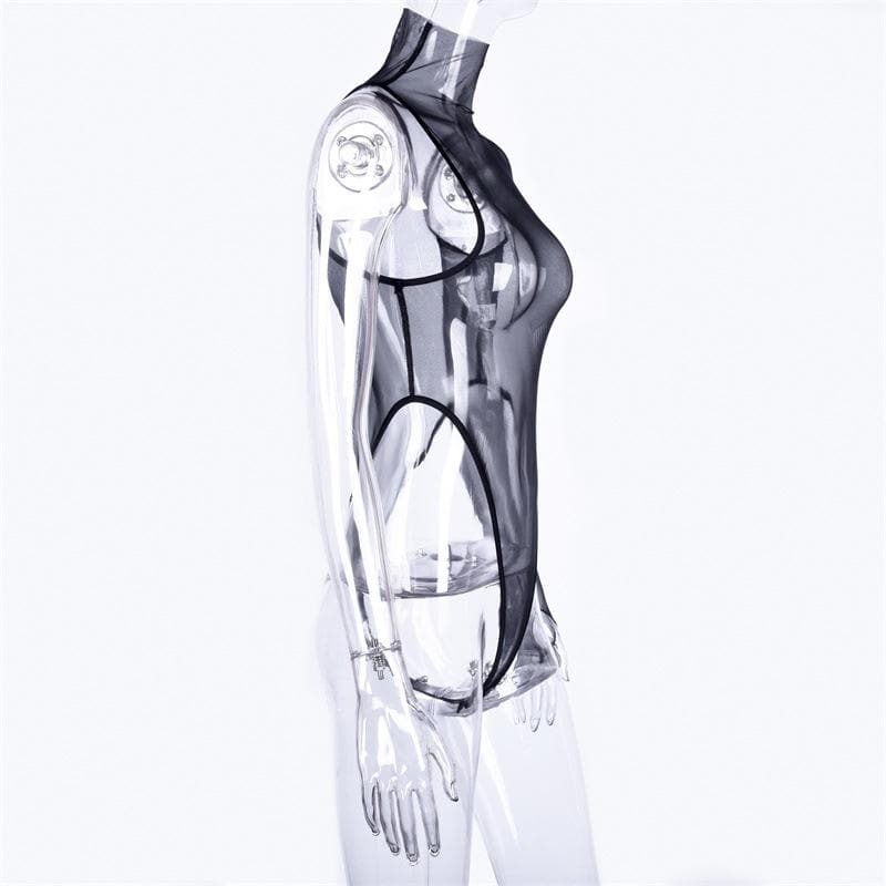 Sheer mesh see through one shoulder irregular gloves bodysuit
