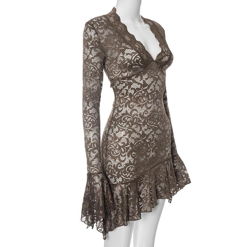 Long flared sleeve lace ruffle see through mini dress