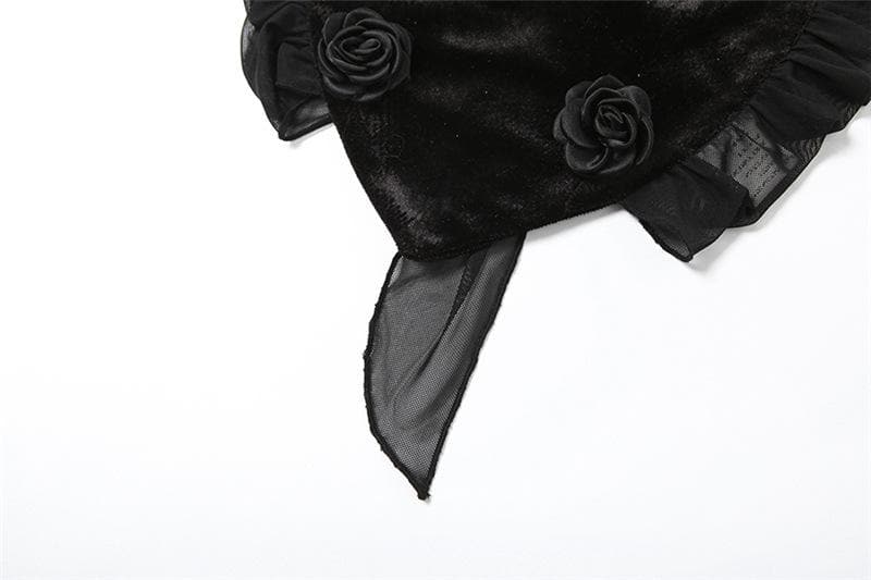 Halter flower applique velvet mesh self tie crop top