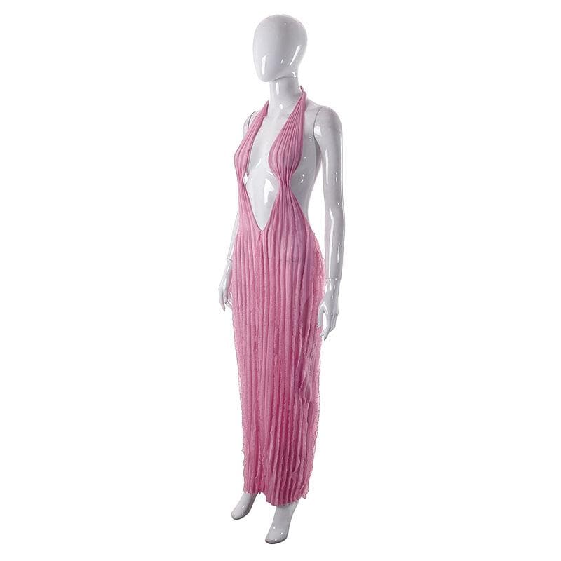 Textured ruffle solid halter self tie v neck backless maxi dress  | red tango dress