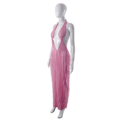 Textured ruffle solid halter self tie v neck backless maxi dress  | red tango dress