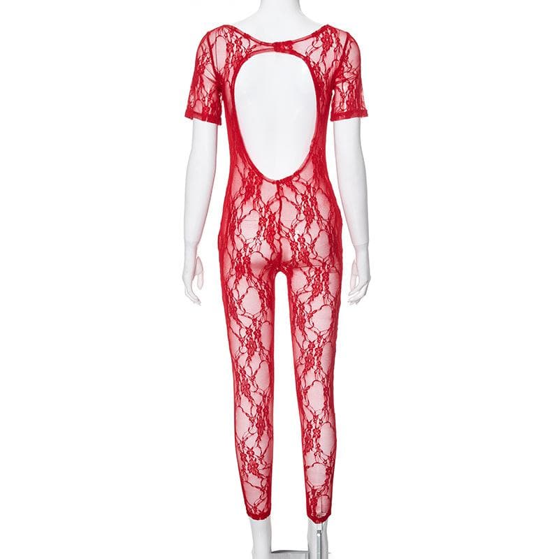 Short sleeve u neck see through lace jumpsuit