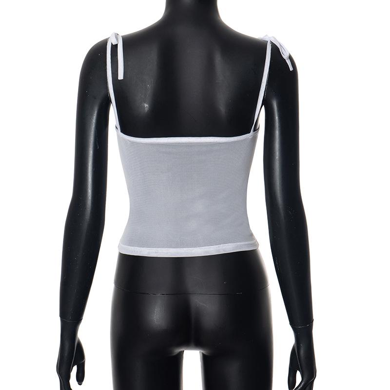 Sheer mesh see through bowknot self tie cami top