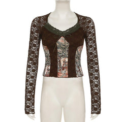 Long sleeve lace abstract top