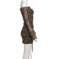 Long sleeve off shoulder ruffle ruched drawstring mini skirt set