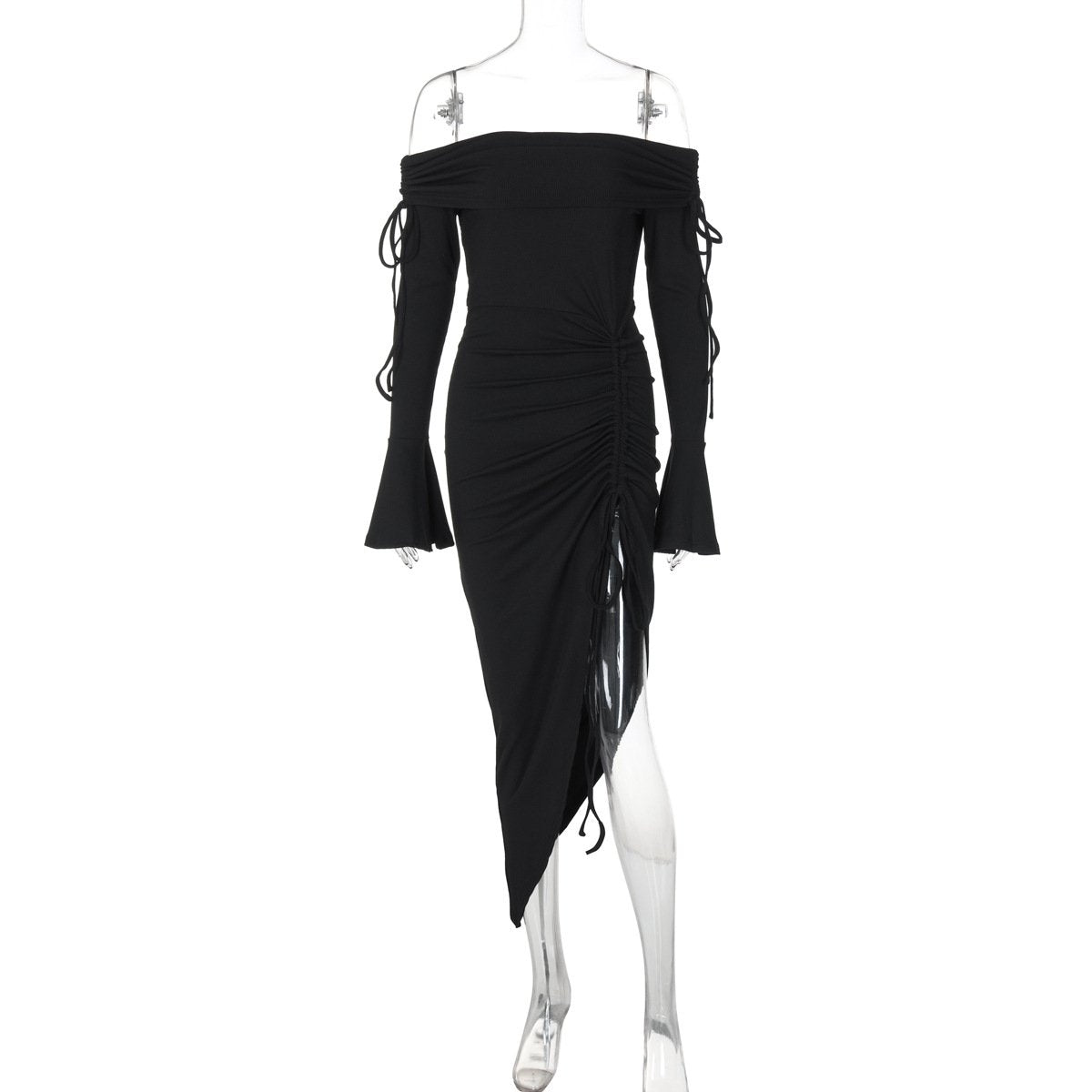Off shoulder long flared sleeve drawstring ruched midi dress