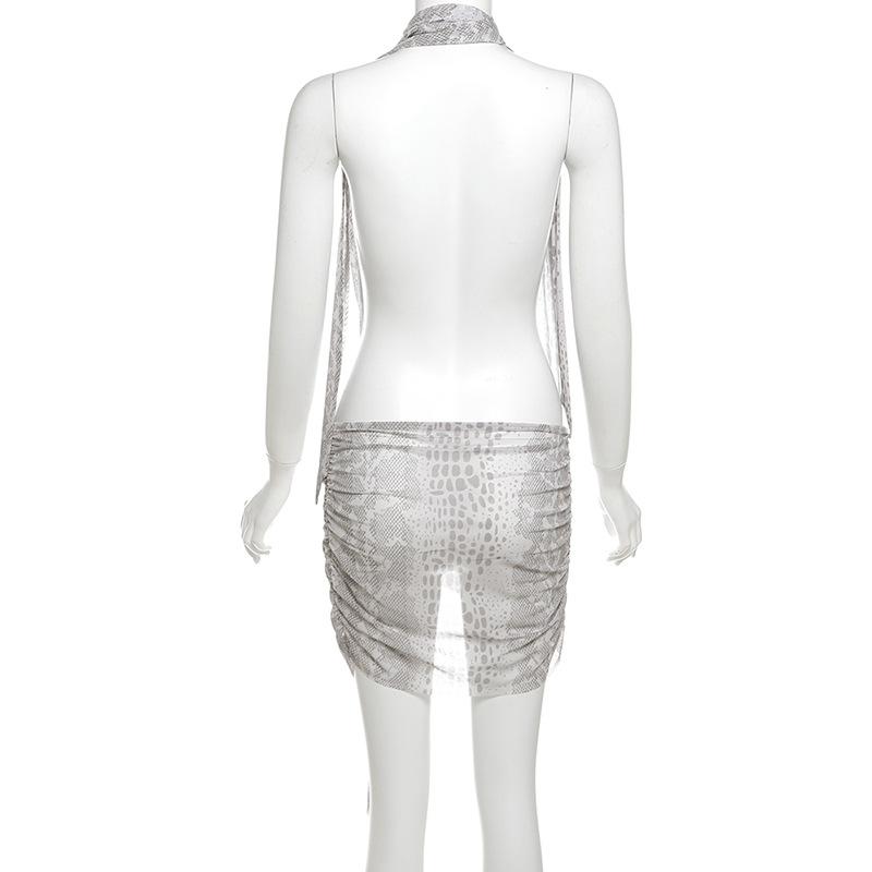 Snakeskin print halter sheer mesh irregular ruched mini dress  | samba dress