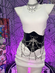 PU leather metal chain cross applique waist chain