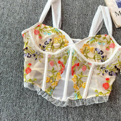 Flower embroidery bustier mesh cami top
