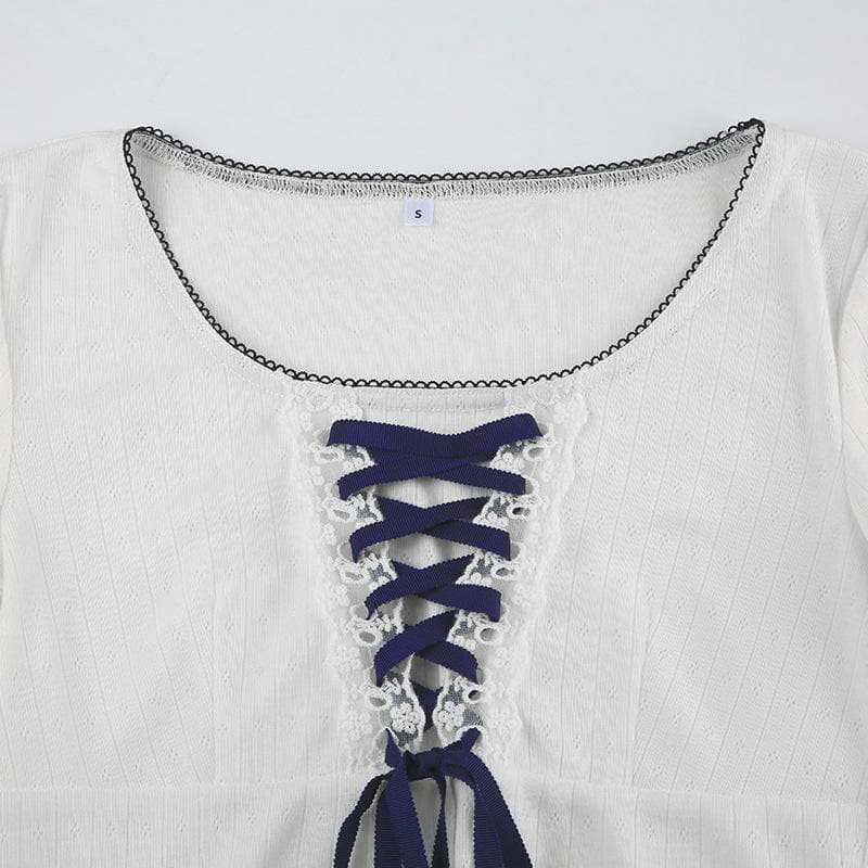 Short sleeve lace up textured lace hem top