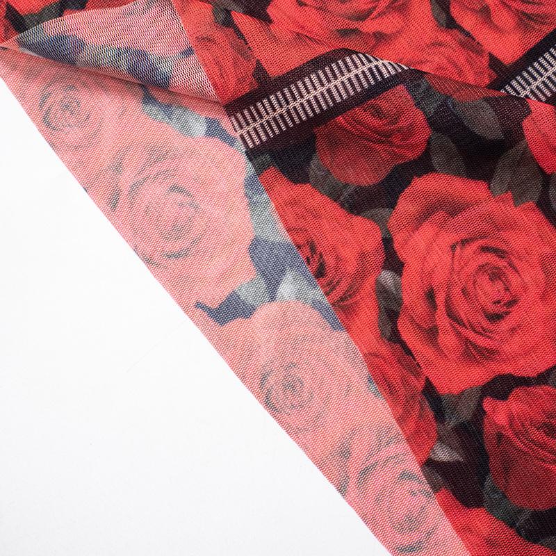 Long sleeve round neck rose print sheer mesh top