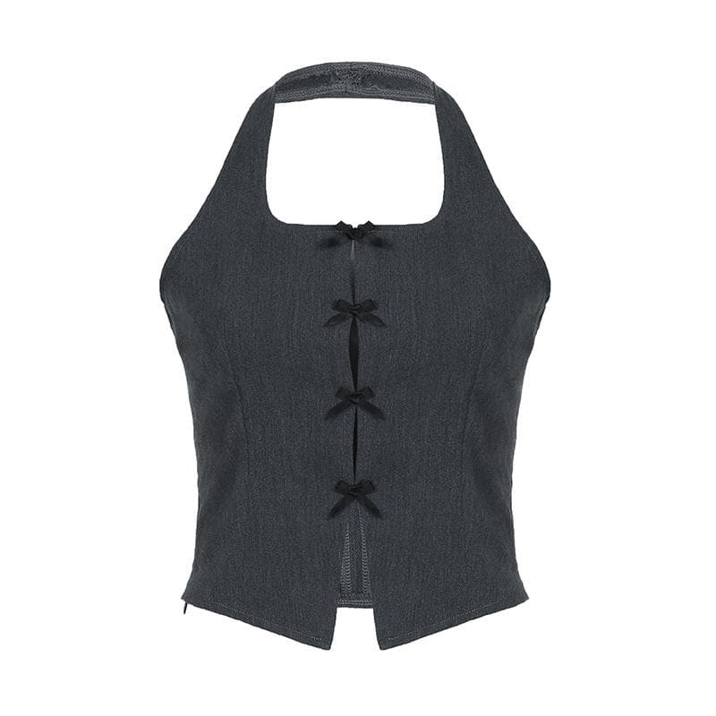 Halter bowknot slit backless zip-up sleeveless crop top