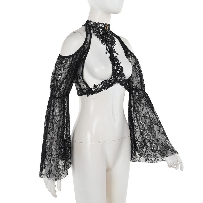 Long sleeve off shoulder lace hollow out shrug top