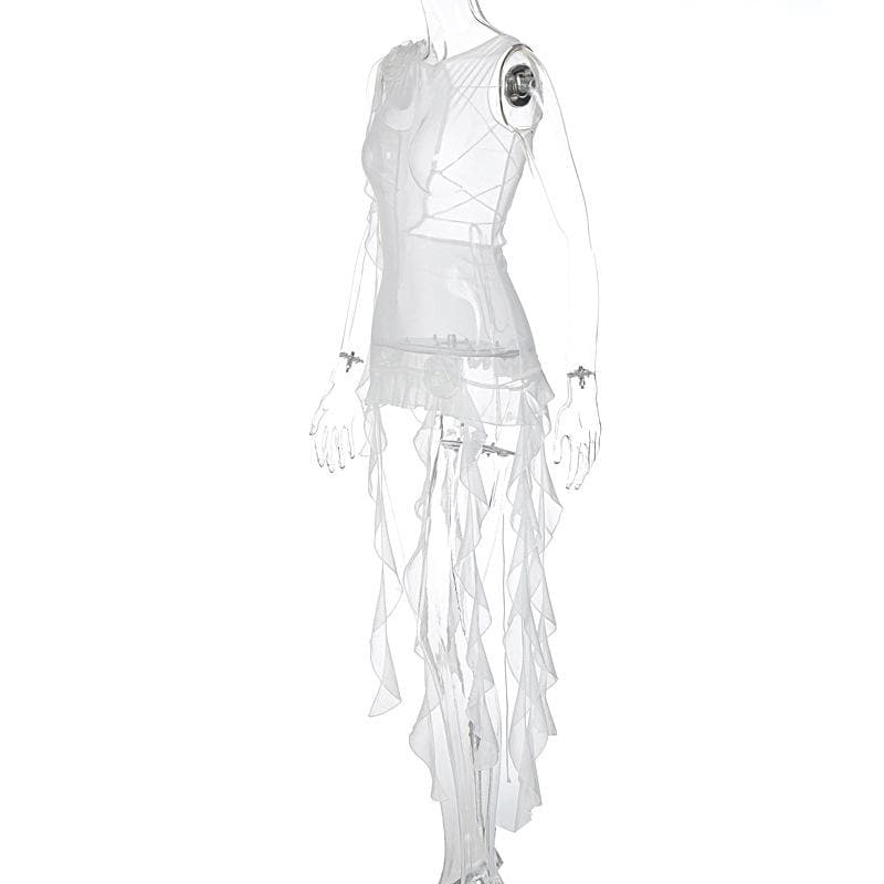 Sleeveless solid cross back sheer mesh see through ruffle flower applique top