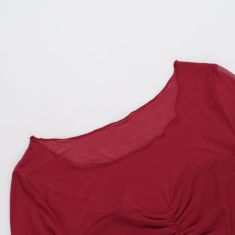 Long sleeve mesh ruched solid top