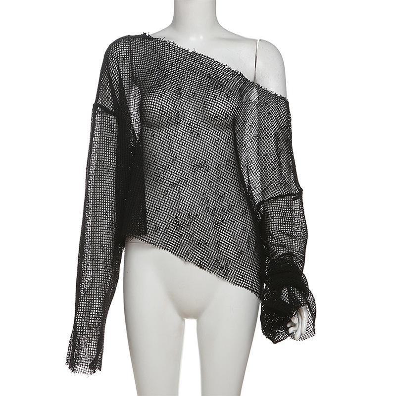 Long sleeve fishnet solid top