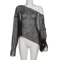 Long sleeve fishnet solid top