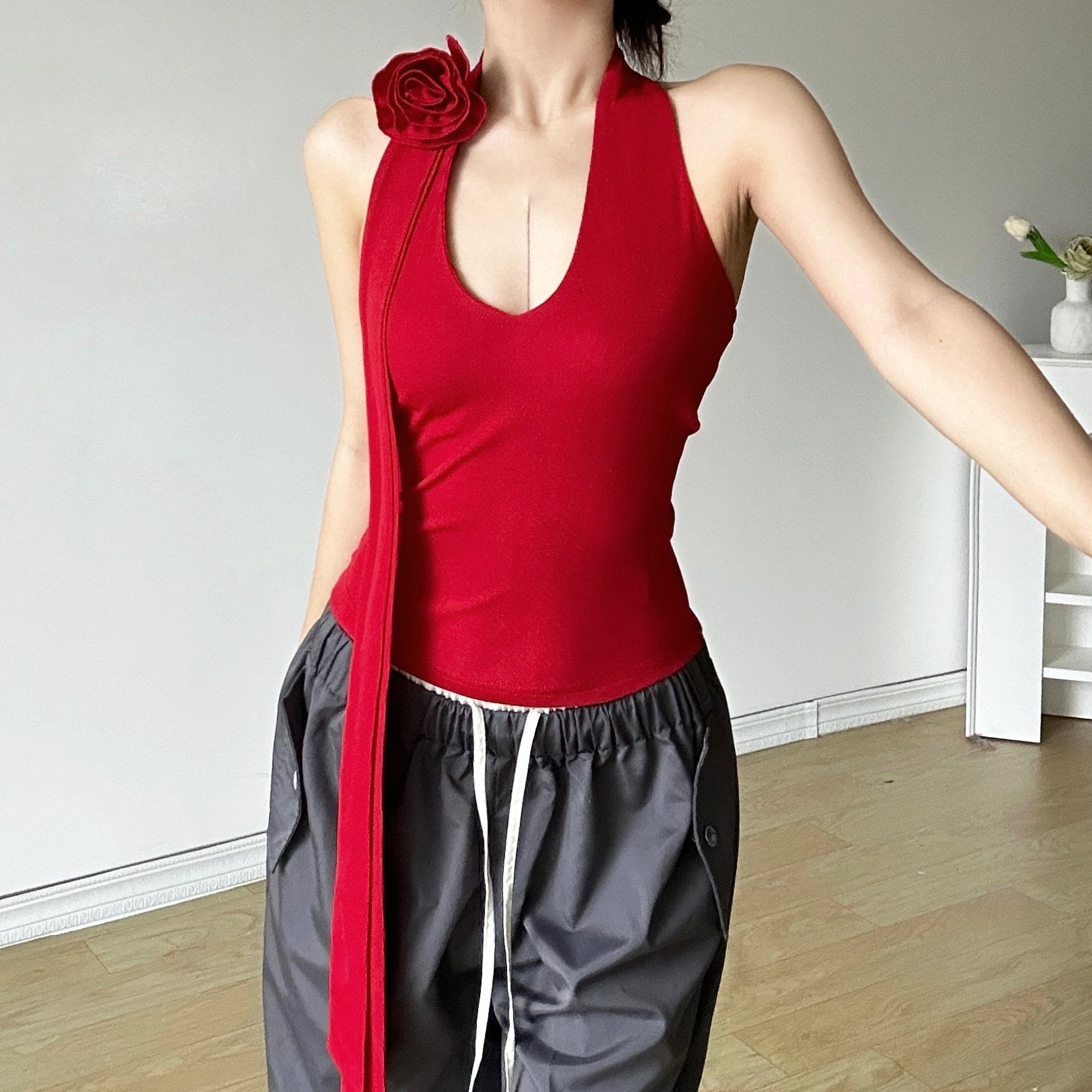 Halter backless flower applique solid top
