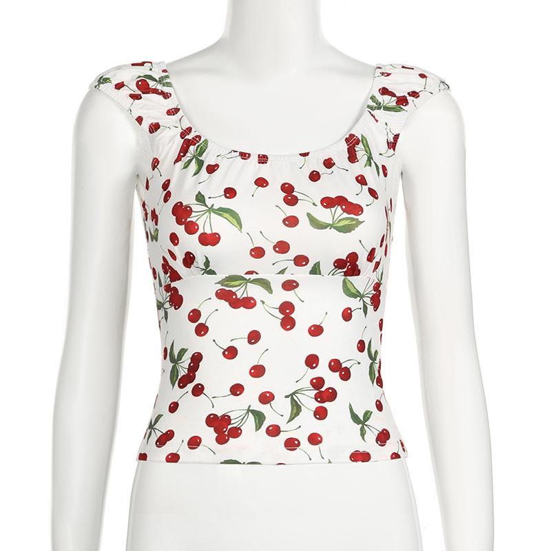 Cap sleeve u neck cherry print lace up top