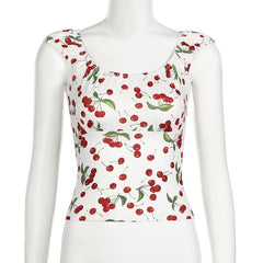 Cap sleeve u neck cherry print lace up top