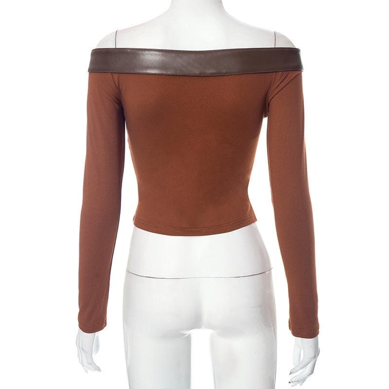 Buckle PU leather patchwork off shoulder contrast long sleeve top