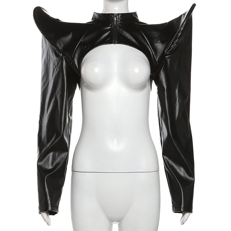 PU leather long sleeve zip-up crop top