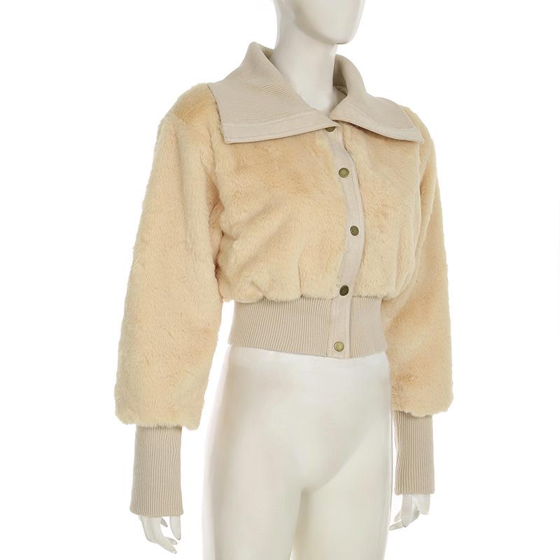 Turnover collar long sleeve button fluffy coat top