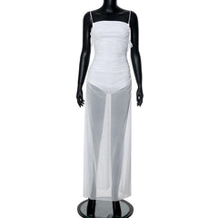 Ruched mesh high slit backless cami maxi dress