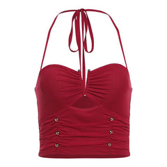 Halter ruched hollow out beaded top