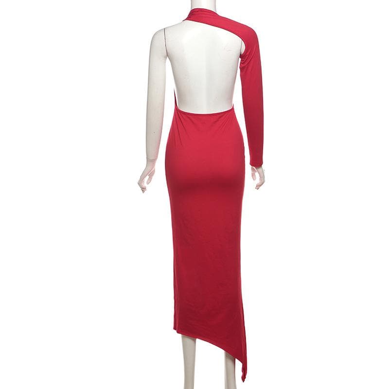 Long sleeve halter irregular one shoulder maxi dress  | red tango dress