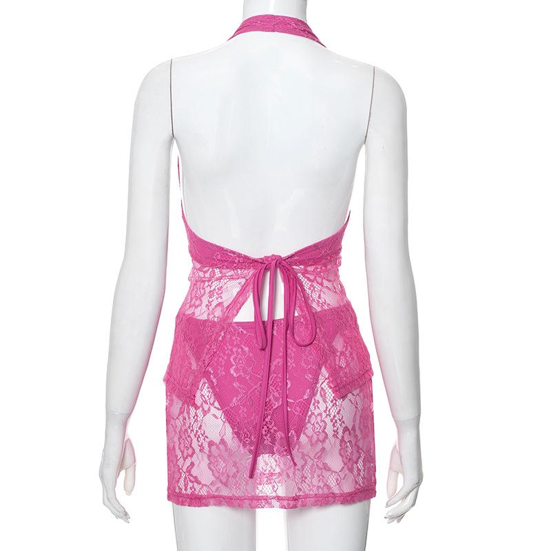 Halter lace knotted lace up mini skirt set