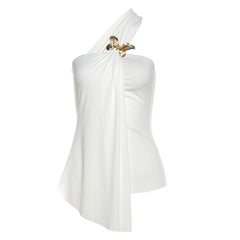 One shoulder chiffon butterfly applique irregular top