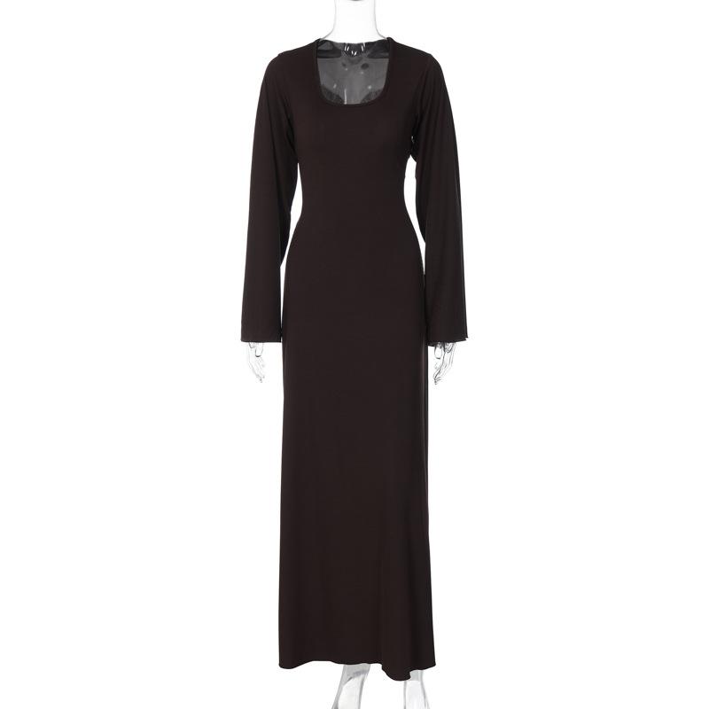 Long sleeve u neck ribbed solid maxi dress  | red tango dress