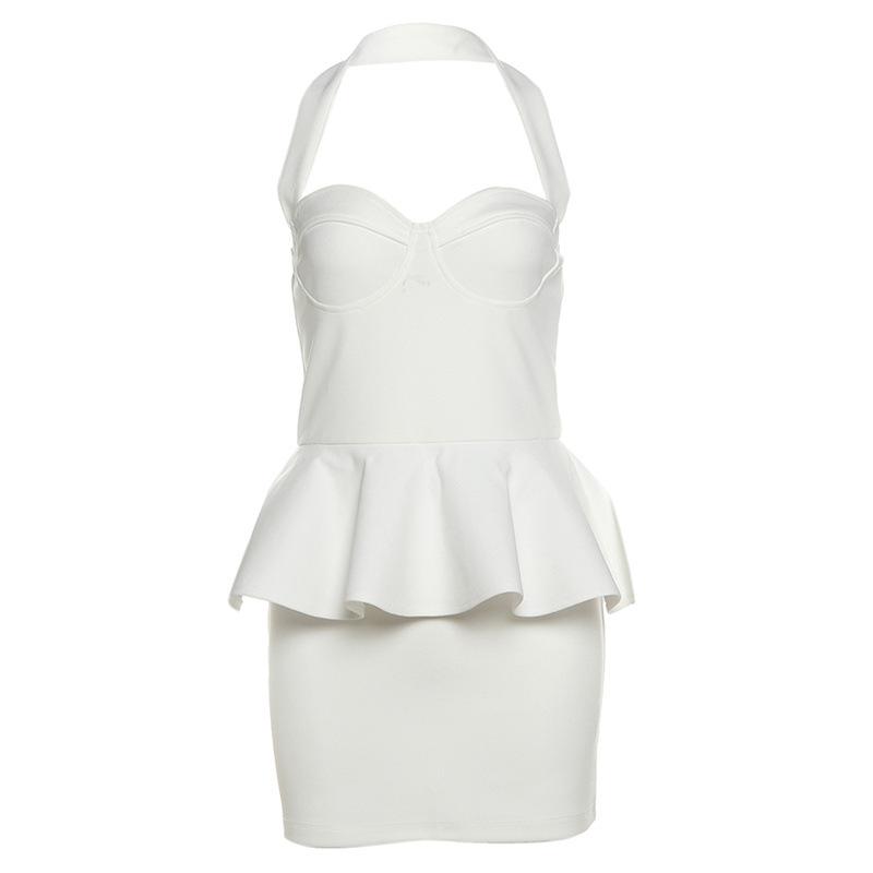 Halter ruffle v neck zip-up backless solid mini dress