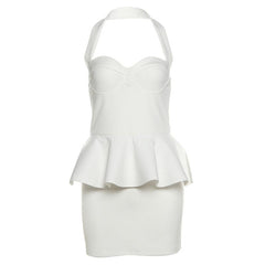 Halter ruffle v neck zip-up backless solid mini dress