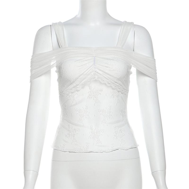 Short sleeve off shoulder lace mesh ruched 2-way top