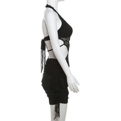 Halter deep v neck patchwork lace ruffle mini skirt set