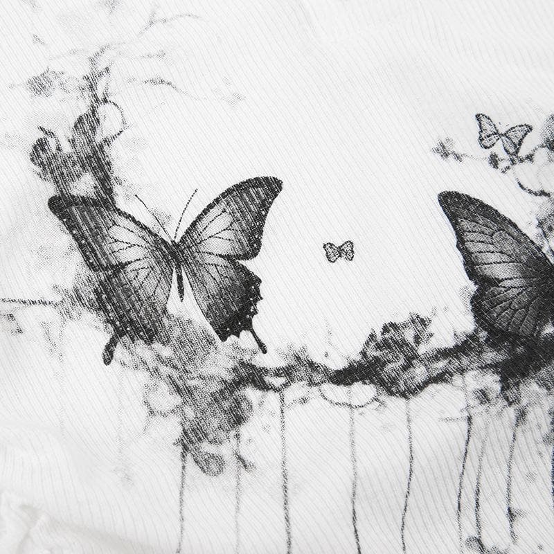 Butterfly pattern long sleeve button contrast 2 piece crop top