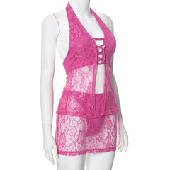 Halter lace knotted lace up mini skirt set