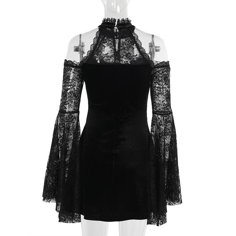 Off shoulder long flared sleeve lace velvet mini dress