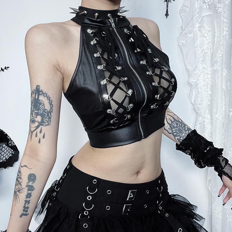 Sleeveless crewneck PU leather lace up zip-up crop top
