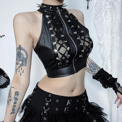 Sleeveless crewneck PU leather lace up zip-up crop top
