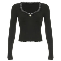 V neck long sleeve lace hem flower applique top