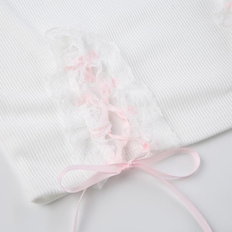 Lace up contrast lace hem sleeveless bowknot crop top